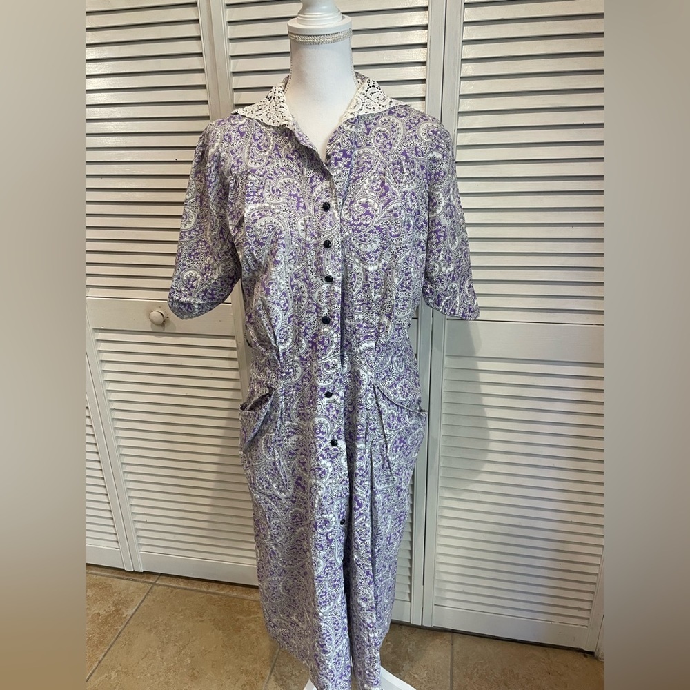 Vintage 50s Modern Classics Shirt Dress Purple Floral (No size Tag) Sz Large L
